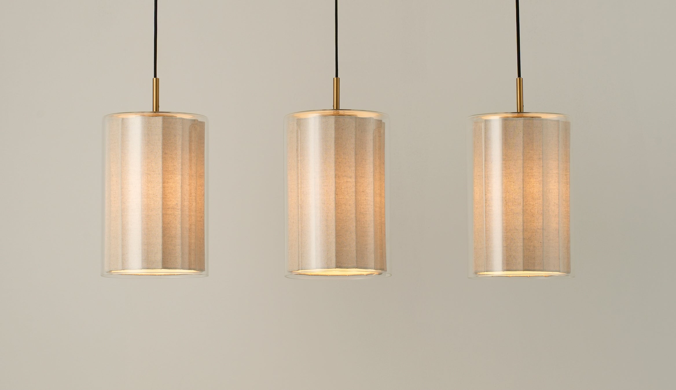 Bude Cylinder 3 Wire Cluster Pendant Light - Linen & Clear Glass