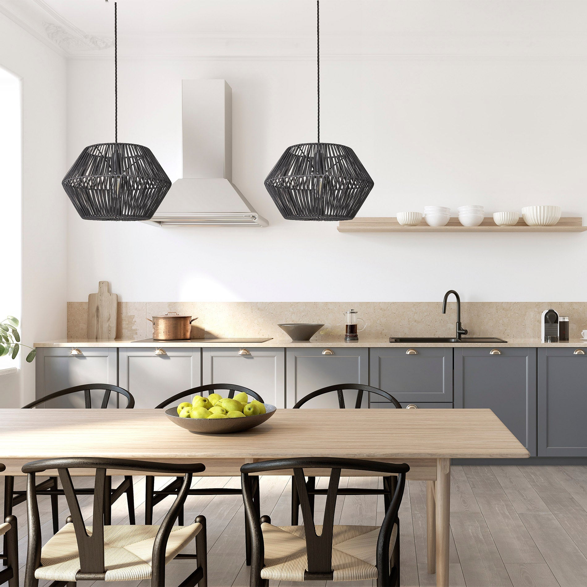 Boho Rattan Ceiling Pendant Light - 15 Inch - Hex