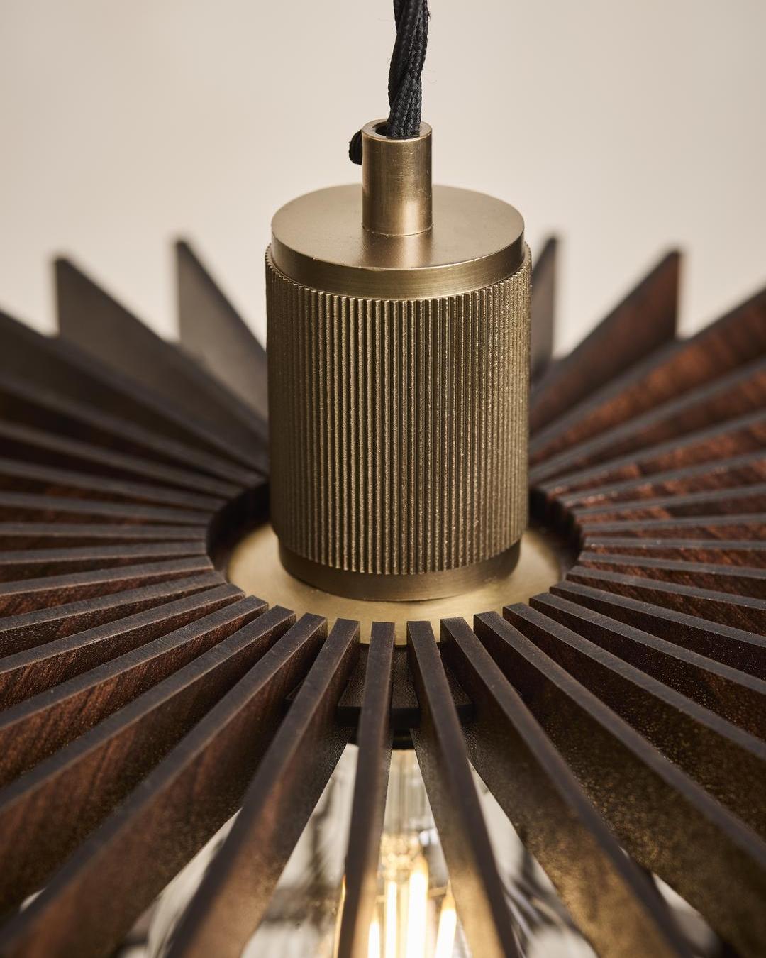 Rift Slatted Wooden Drum Pendant Light - Dark